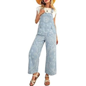 image:imageWomens Paisley Print Denim Overalls Adjustable Straps Baggy Bib Overalls Casual Wide Leg Jean Jumpsuit with PocketsLight Blue