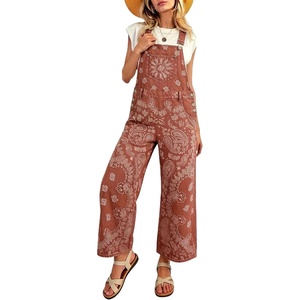 image:imageWomens Paisley Print Denim Overalls Adjustable Straps Baggy Bib Overalls Casual Wide Leg Jean Jumpsuit with PocketsRed