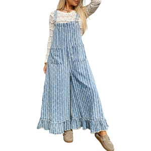 image:imageY2k Ruffle Hem Pin Striped Denim Overalls for Women Distressed Baggy Crop Wide Leg Jeans JumpsuitsBlue