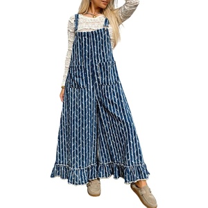 image:imageY2k Ruffle Hem Pin Striped Denim Overalls for Women Distressed Baggy Crop Wide Leg Jeans JumpsuitsDark Blue