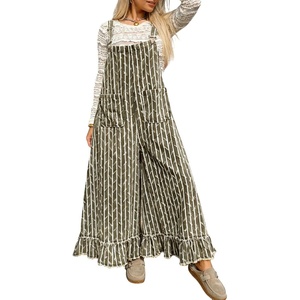 image:imageY2k Ruffle Hem Pin Striped Denim Overalls for Women Distressed Baggy Crop Wide Leg Jeans JumpsuitsOlive