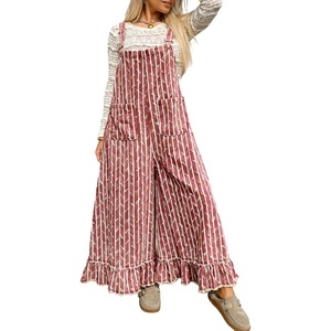 image:imageY2k Ruffle Hem Pin Striped Denim Overalls for Women Distressed Baggy Crop Wide Leg Jeans JumpsuitsRed
