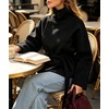 image:imageWomens Funnel High Collar Belted Short Wool Coat Long Sleeve Wrap Waist Pea Coat Casual Fall Winter Cropped JacketBlack