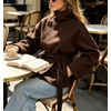 image:imageWomens Funnel High Collar Belted Short Wool Coat Long Sleeve Wrap Waist Pea Coat Casual Fall Winter Cropped JacketBrown