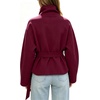 image:imageWomens Funnel High Collar Belted Short Wool Coat Long Sleeve Wrap Waist Pea Coat Casual Fall Winter Cropped JacketBurgundy