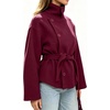 image:imageWomens Funnel High Collar Belted Short Wool Coat Long Sleeve Wrap Waist Pea Coat Casual Fall Winter Cropped JacketBurgundy
