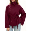 image:imageWomens Funnel High Collar Belted Short Wool Coat Long Sleeve Wrap Waist Pea Coat Casual Fall Winter Cropped JacketBurgundy
