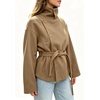 image:imageWomens Funnel High Collar Belted Short Wool Coat Long Sleeve Wrap Waist Pea Coat Casual Fall Winter Cropped JacketCamel