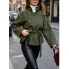 image:imageWomens Funnel High Collar Belted Short Wool Coat Long Sleeve Wrap Waist Pea Coat Casual Fall Winter Cropped JacketGreen