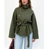 image:imageWomens Funnel High Collar Belted Short Wool Coat Long Sleeve Wrap Waist Pea Coat Casual Fall Winter Cropped JacketGreen