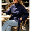 image:imageWomens Funnel High Collar Belted Short Wool Coat Long Sleeve Wrap Waist Pea Coat Casual Fall Winter Cropped JacketNavy