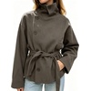image:imageWomens Funnel High Collar Belted Short Wool Coat Long Sleeve Wrap Waist Pea Coat Casual Fall Winter Cropped JacketTaupe