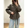 image:imageWomens Funnel High Collar Belted Short Wool Coat Long Sleeve Wrap Waist Pea Coat Casual Fall Winter Cropped JacketTaupe