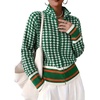 image:imageCHARTOU Women Zip Up Houndstooth Knit Cardigan High Collar Crop Fall Sweater JacketGreen