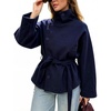image:imageWomens Funnel High Collar Belted Short Wool Coat Long Sleeve Wrap Waist Pea Coat Casual Fall Winter Cropped JacketNavy
