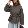 image:imageWomens Funnel High Collar Belted Short Wool Coat Long Sleeve Wrap Waist Pea Coat Casual Fall Winter Cropped JacketTaupe