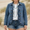 image:imageWomen Ruffle Denim Jacket Button Down Long Sleeve Casual Jean Coat  Lapel Collared Double Breasted Shacket for Women Lightweight Fall Spring Outerwear with PocketsBlue
