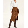 image:imageCHARTOU Women Faux Suede Leather Midi Skirt Fall Vintage Tie Waist Side Slit Wrap SkirtBrown