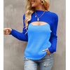 image:imageCHARTOU Womens Sexy Mock Neck Cut Out Color Block Knit Slim Fit Sweater StreetwearBlue