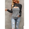 image:imageCHARTOU Womens Sexy Mock Neck Cut Out Color Block Knit Slim Fit Sweater StreetwearGrey