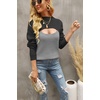 image:imageCHARTOU Womens Sexy Mock Neck Cut Out Color Block Knit Slim Fit Sweater StreetwearGrey