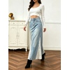 image:imageWomen Lace Patchwork Jean Skirt Dressy High Waist A Line Denim Maxi SkirtsBlue