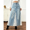 image:imageWomen Lace Patchwork Jean Skirt Dressy High Waist A Line Denim Maxi SkirtsBlue