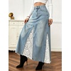 image:imageWomen Lace Patchwork Jean Skirt Dressy High Waist A Line Denim Maxi SkirtsBlue