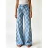 image:imageWomen Checkered Flared Jeans Baggy Midi Waisted Plaid Denim Wide Leg PantsLight Green