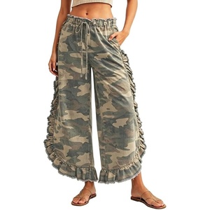 image:imageCHARTOU Womens Y2k Drawstring Jeans Baggy Distressed Ruffle Trim Denim Camo PantsCamo