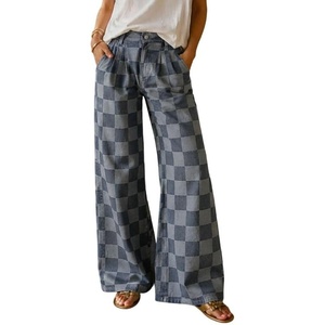 image:imageWomen Checkered Flared Jeans Baggy Midi Waisted Plaid Denim Wide Leg PantsBlack