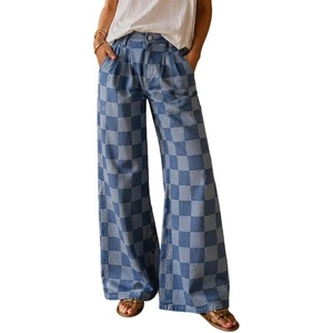 image:imageWomen Checkered Flared Jeans Baggy Midi Waisted Plaid Denim Wide Leg PantsBlue