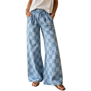 image:imageWomen Checkered Flared Jeans Baggy Midi Waisted Plaid Denim Wide Leg PantsLight Green