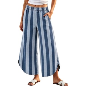 image:imageWomen Striped Wide Leg Jeans Y2k Elastic Waist Tulip Hem Ankle Denim PantsBlue