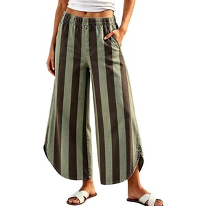 image:imageWomen Striped Wide Leg Jeans Y2k Elastic Waist Tulip Hem Ankle Denim PantsGreen