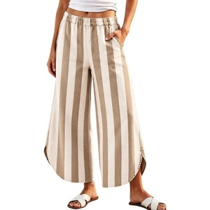 image:imageWomen Striped Wide Leg Jeans Y2k Elastic Waist Tulip Hem Ankle Denim PantsKhaki