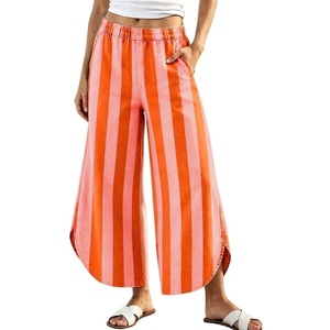 image:imageWomen Striped Wide Leg Jeans Y2k Elastic Waist Tulip Hem Ankle Denim PantsOrange