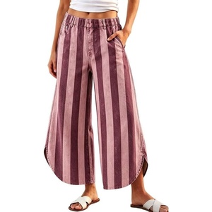image:imageWomen Striped Wide Leg Jeans Y2k Elastic Waist Tulip Hem Ankle Denim PantsRose