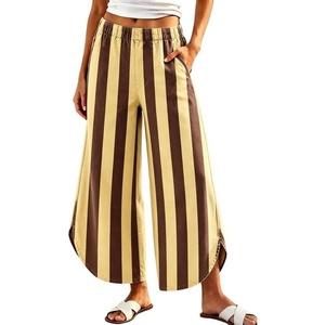 image:imageWomen Striped Wide Leg Jeans Y2k Elastic Waist Tulip Hem Ankle Denim PantsYellow