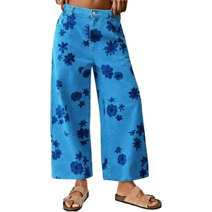 image:imageWomen Summer Wide Leg Crop Palazzo Denim Pants Loose Boho Floral Ankle JeansDark Blue