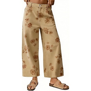 image:imageWomen Summer Wide Leg Crop Palazzo Denim Pants Loose Boho Floral Ankle JeansKhaki