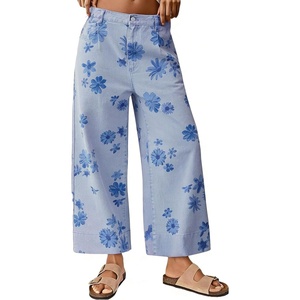 image:imageWomen Summer Wide Leg Crop Palazzo Denim Pants Loose Boho Floral Ankle JeansLight Blue