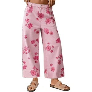 image:imageWomen Summer Wide Leg Crop Palazzo Denim Pants Loose Boho Floral Ankle JeansPink