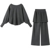image:imageCHARTOU Women 2 Piece Knit Loungewear Set Batwing Sleeve Sweater with Butt Cover Pants Matching OutfitGrey