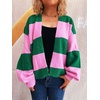 image:imageCHARTOU Women Color Block Knit Open Front Cardigan Fall Loose Lantern Long Sleeve Striped Sweater JumperGreen