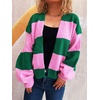 image:imageCHARTOU Women Color Block Knit Open Front Cardigan Fall Loose Lantern Long Sleeve Striped Sweater JumperGreen