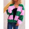 image:imageCHARTOU Women Color Block Knit Open Front Cardigan Fall Loose Lantern Long Sleeve Striped Sweater JumperGreen