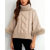 image:imageCHARTOU Women Faux Fur Cuff Cloak Pullover Sweater Turtlenecks Batwing Sleeve Chunky Cable Knitted Jumper TopsKhaki
