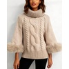 image:imageCHARTOU Women Faux Fur Cuff Cloak Pullover Sweater Turtlenecks Batwing Sleeve Chunky Cable Knitted Jumper TopsKhaki