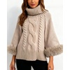 image:imageCHARTOU Women Faux Fur Cuff Cloak Pullover Sweater Turtlenecks Batwing Sleeve Chunky Cable Knitted Jumper TopsKhaki